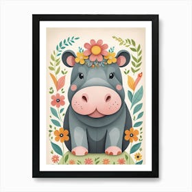 Floral Baby Hippo Nursery Illustration (14) Art Print