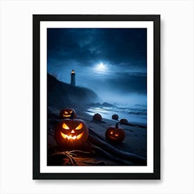 Jack O Lanterns Emanating Ethereal Glow Arrayed On A Shadowy Beach Misty Coastal Backdrop Myster (6) Art Print