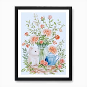 Watercolor Roses With Cat Art Print