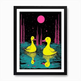 Ducklings At Night Floral Pattern 1 Art Print