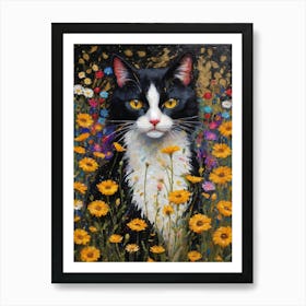 Klimt Style Tuexdo Cat in Colorful Garden Flowers Meadow Gold Leaf Painting - Gustav Klimt and Monet Waterlillies Poppies Daisies Inspired Textured Wall Decor - Super Vibrant HD High Resolution Art Print