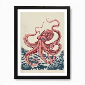 Red Octopus Linocut On The Ocean Floor Linocut Inspired 1 Art Print