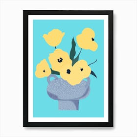 Yellow Flowers In Clay Vase Art Print