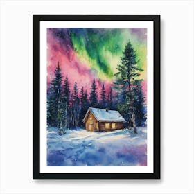 The Northern Lights - Aurora Borealis Rainbow Winter Snow Scene of Lapland Iceland Finland Norway Sweden Forest Lake Watercolor Beautiful Celestial Artwork for Home Gallery Wall Magical Etheral Dreamy Traditional Christmas Greeting Card Painting of Heavenly Fairylights 3 Art Print