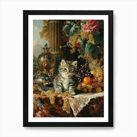 Rococo Painting Inspired Paintng Of A Kitten With Fruit 2 Art Print