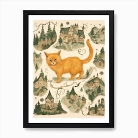 Medieval Village & Cute Ginger Kitten Art Print