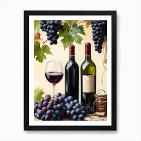 Vines,Black Grapes And Wine Bottles Painting (17) Art Print