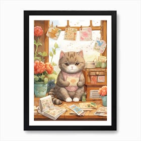 Kawaii Cat Drawings Collecting Stamps 2 Art Print