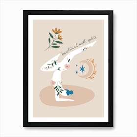 Handstand With Sparkles. Boho Yoga Girl & Flowers — boho poster, boho wall art Art Print