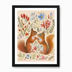 Folksy Floral Animal Drawing Squirrel 2 Art Print