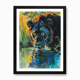 Black Lion Drinking From A Watering Hole Fauvist Painting 4 Art Print