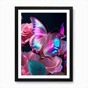 Butterfly On Rose Flower Holographic 2 Art Print