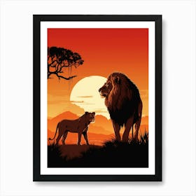 African Lion Sunset Silhouette 4 Art Print