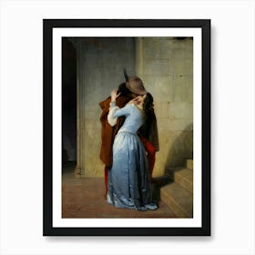 The Kiss, 1859 by Francesco Hayez, Italian Romanticism Francesco Hayez’s The Kiss (1859) is a dazzling emblem of Italian Romanticism, celebrated as one of the most romantic pieces of art ever created, blending intense emotion with political symbolism. The painting captures a passionate, clandestine embrace between lovers, symbolizing the sacrifices of revolutionaries during Italy’s Risorgimento. Hayez’s rich use of color, especially the red and blue hues referencing Italy’s alliance with France, heightens the tension. The man’s poised step suggests imminent danger, while a shadowy figure in the background adds a sense of threat, embodying the political forces looming over the lovers. Born in Venice in 1791 and passing away in Milan in 1882, Hayez was an Italian painter renowned for his mastery of the Romantic style, characterized by its emphasis on emotion, drama, and historical themes.
The original, housed in Milan’s Pinacoteca di Brera, is even more striking in person, with its vivid colors and palpable emotion. Art Print