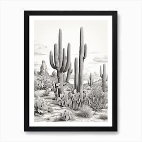 Vintage Cactus Illustration Organ Pipe Cactus B&W Art Print