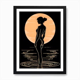 a woman silhouette in sunset tones against a black background. 2 Art Print