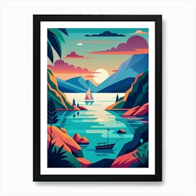 Landscape With Boats And Mountains art print Art Print