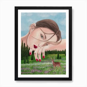 Woman With Deer In Nature Art Print