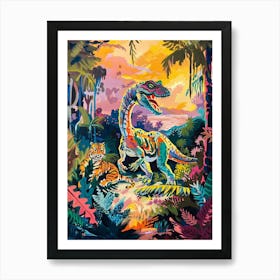 Colourful Tiger & Dinosaur In The Jungle Painting Art Print