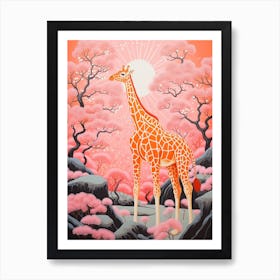 Giraffe In The Nature With Trees Pink 5 Art Print
