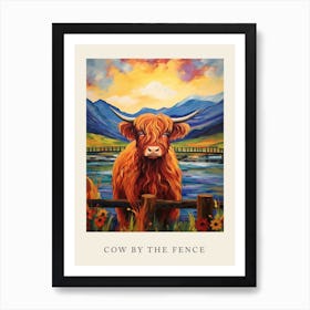 Colourful Highland Cow By The Fence Affiche