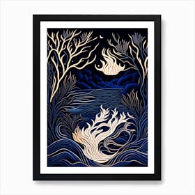 Water And Fire Elements Combined Waterscape Linocut 1 Art Print