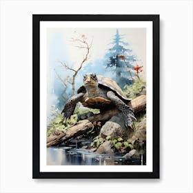 Sea Turtle, Japanese Brush Painting, Ukiyo E, Minimal 1 Art Print