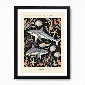 Shark Seascape Black Background Illustration 1 Poster Art Print