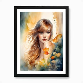 Watercolor Of A Girl With Autumn Leaves Art Print