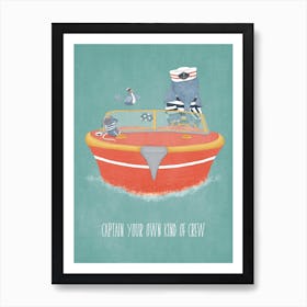 Captain Your Own Crew Elephant Boat at Sea Blue Nursery Art Print
