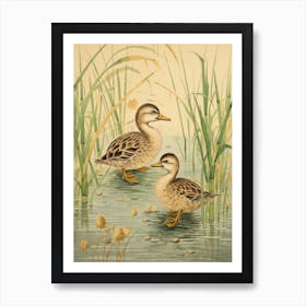 Sweet Ducklings Japanese Woodblock Style 1 Art Print