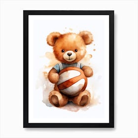 Basketball Teddy Bear Painting Watercolour 2 Art Print