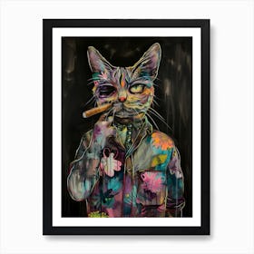 Animal Party: Crumpled Cute Critters with Cocktails and Cigars Cat Smoking A Cigar Art Print