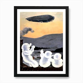 Snowmen Are Looking At A Flying Zeppelin On Orange Sky Art Print