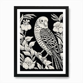 B&W Bird Linocut Budgerigar 1 Art Print