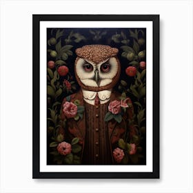 Owl Portrait With Rustic Flowers 2 Art Print