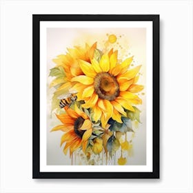 Beehive With Sunflower Watercolour Illustration 2 Art Print