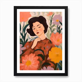 Woman With Autumnal Flowers Peony 2 Art Print