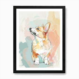 Pastel Watercolour Corgi Line Illustration 1 Art Print