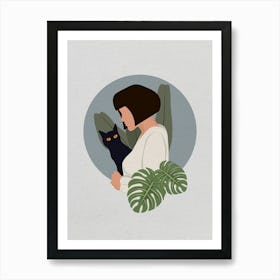 Minimal art Woman With A Cat and monstera leaves Art Print