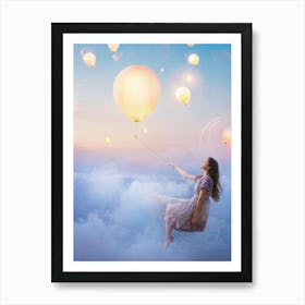 Girl Floating Effortlessly Among Ballooning Wispy Clouds Face Bathed In A Soft Glow Emanating From Art Print