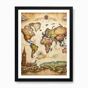 A World Map Visualizing An International Journey Pinpointing Iconic Historical Landmarks Across Var (3) Art Print