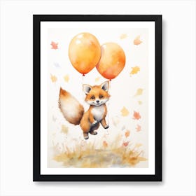 Fox Flying With Autumn Fall Pumpkins And Balloons Watercolour Nursery 3 Art Print