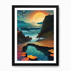 The Giants Causeway Ireland ~ Trippy Cityscape Iconic Wall Decor Visionary Psychedelic Fractals Fantasy Art Cool Full Moon Third Eye Space Sci-fi Awesome Futuristic Ancient Paintings For Your Home Gift For Him Game Thrones Art Print