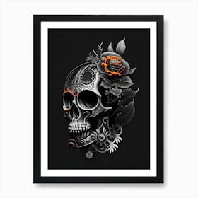 Skull With Floral Patterns 1 Orange Stream Punk Art Print