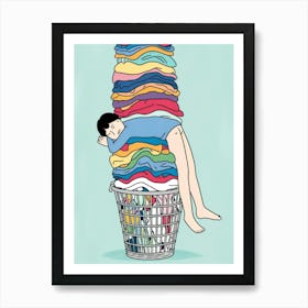 Man Sleeping In A Laundry Basket Art Print