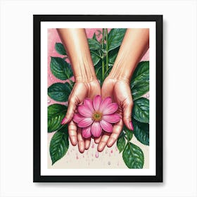 Pink Flower In Hands Art Print