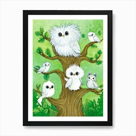 Whimsical Illustration Of A Group Of Friendly Griffon Like Creatures With Fluffy White And Grey Pl Art Print