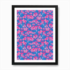 WILD ROSES Abstract Floral Summer Bright Rose Garden in Pink Fuchsia Purple Blue on Royal Blue Art Print