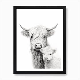 Black & White Illustration Of Highland Cow With  Art Print